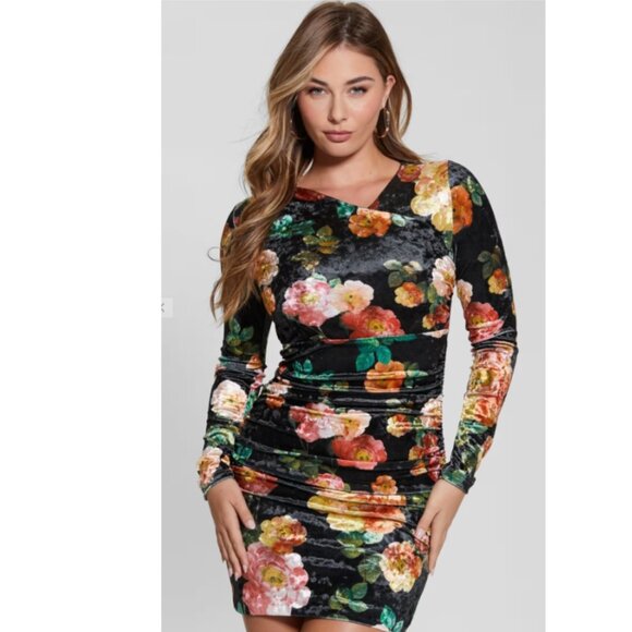 NWT GUESS Women's Long Sleeve Tess Velvet Dress Y2K Ruched - Picture 1 of 8